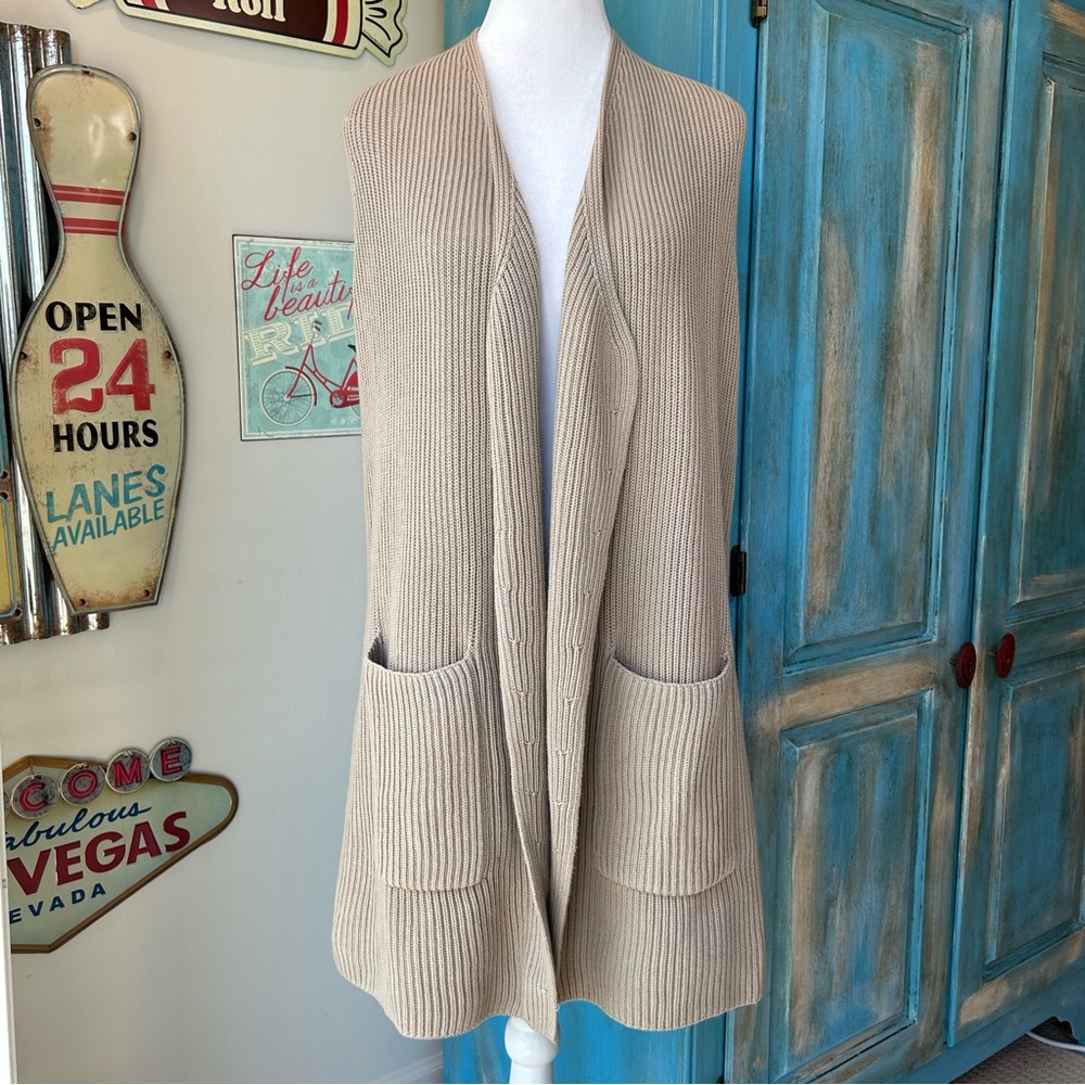 Splendid Juliet Longline Open Front Sweater Vest Cardigan Beige Layering Luxe